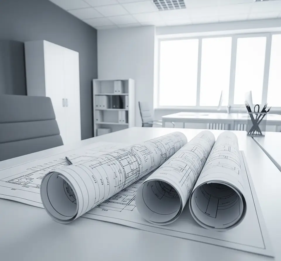 Rolled plan sets on the bench at MX Graphics